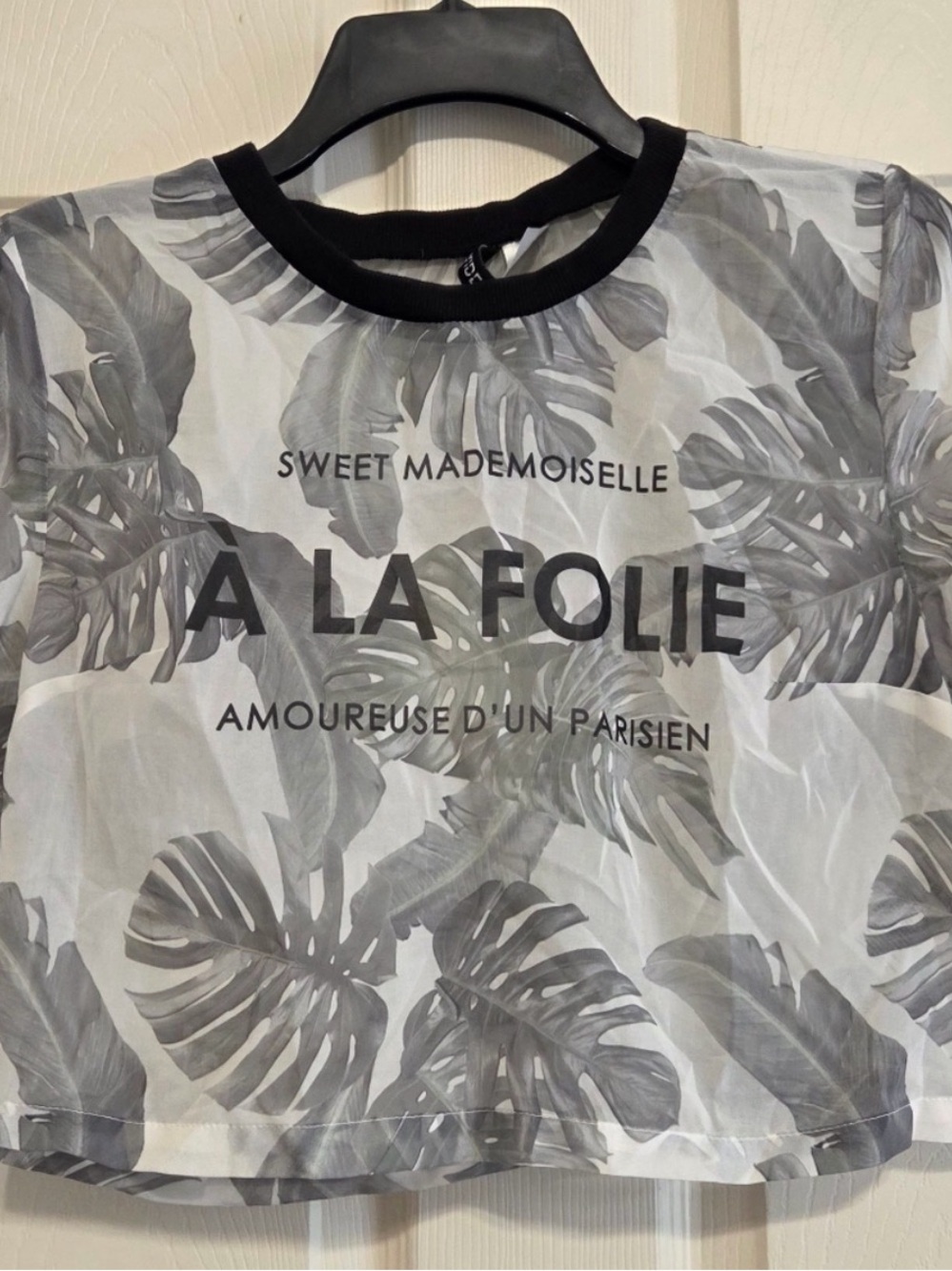 Divided Sheer Palm Print Crop Top in Black and White